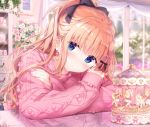  1girl absurdres aran_sweater black_bow blue_eyes blurry blurry_background blush bow brown_hair closed_mouth curtains day depth_of_field flower hair_bow high_ponytail highres indoors kimishima_ao long_hair long_sleeves original pink_bow pink_flower pink_rose pink_sweater ponytail reflection rose saijo_melia sleeves_past_wrists solo sweater table upper_body very_long_hair watermark white_flower white_rose window 