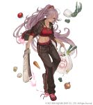  1girl bag blue_eyes breasts carrot cinderella_(sinoalice) crocs dark_skin full_body hair_over_one_eye jacket jewelry ji_no lavender_hair long_hair looking_at_viewer medium_breasts midriff navel necklace official_art onion open_clothes open_jacket pants ponytail potato shopping_bag sinoalice solo spring_onion square_enix tomato track_jacket track_pants track_suit very_long_hair white_background 