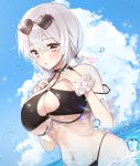  1girl azur_lane bangs bikini black_bikini blue_sky blush breasts chii_(nyaong9) cleavage collarbone eyebrows_visible_through_hair eyewear_on_head hair_between_eyes hand_on_own_chest heart heart-shaped_eyewear in_water large_breasts looking_at_viewer navel o-ring o-ring_bikini o-ring_top ocean red-framed_eyewear red_eyes scrunchie short_hair sirius_(azur_lane) sirius_(midsummer_seirios)_(azur_lane) sky solo sunglasses swimsuit thigh_strap thighs water_drop white_frills white_hair white_scrunchie wrist_scrunchie 