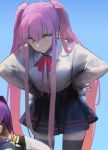  alternate_costume alternate_hairstyle blouse casual dokshuri fate/grand_order fate_(series) hair_over_shoulder hands_on_hips highres leaning_forward medb_(fate)_(all) pink_hair scathach_(fate)_(all) scathach_(fate/grand_order) school_uniform thighhighs twintails white_blouse yellow_eyes 