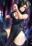  1girl alternate_costume alternate_hairstyle animal_print black_hair brown_eyes china_dress chinese_clothes cleavage_cutout double_bun dress fighting_stance final_fantasy final_fantasy_vii final_fantasy_vii_remake highres leopard_print lulu-chan92 smile solo thighhighs tifa_lockhart 