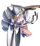  1girl armor blonde_hair blue_eyes breasts cleavage dress gauntlets helmet highres holding holding_spear holding_weapon long_hair looking_at_viewer masao medium_breasts original polearm shield solo spear thigh_strap valkyrie weapon white_background 