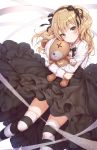  1girl bandages black_skirt blonde_hair boko_(girls_und_panzer) doll_hug girls_und_panzer hair_ribbon hairband long_hair long_skirt long_sleeves looking_at_viewer r_o_ha ribbon shimada_arisu shirt skirt solo striped striped_legwear stuffed_animal stuffed_toy teddy_bear thighhighs two_side_up white_ribbon white_shirt yellow_eyes zettai_ryouiki 