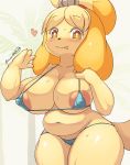  &lt;3 2020 4_fingers absurd_res animal_crossing anthro areola bell belly big_breasts bikini black_nose blonde_hair blush bodily_fluids breasts canid canine canis clothing domestic_dog female fingers floppy_ears front_view hair hi_res isabelle_(animal_crossing) looking_at_viewer mammal micro_bikini navel nintendo nipple_outline portrait shih_tzu shirokoma slightly_chubby solo standing sweat swimwear thick_thighs three-quarter_portrait tongue tongue_out toy_dog video_games wide_hips yellow_eyes 