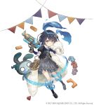  1girl alice_(sinoalice) blanket building_block dark_blue_hair eyebrows_visible_through_hair frilled_skirt frills full_body hairband ji_no looking_at_viewer nightmare_(sinoalice) official_art pocket_watch puffy_short_sleeves puffy_sleeves red_eyes short_hair short_sleeves sinoalice skirt solo square_enix stuffed_toy tattoo toy toy_car watch water_gun white_background younger 