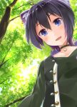  1girl animal_ear_fluff animare black_choker black_jacket black_shirt blush choker collarbone dappled_sunlight from_below haibara_akane highres jacket long_sleeves looking_at_viewer open_eyes outdoors purple_eyes purple_hair red_panda_ears sch shirt short_hair smile solo sunlight tree virtual_youtuber 