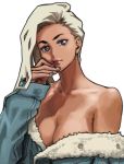  1girl bare_shoulders blue_eyes breasts cleavage closed_mouth dark_skin fingernails fur_trim hand_up highres imdsound jacket jacket_pull lips long_hair long_sleeves looking_at_viewer no_bra no_shirt off-shoulder_jacket off_shoulder original partially_unbuttoned simple_background solo upper_body white_background white_hair 