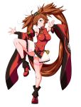  1girl absurdres bangs bare_shoulders boots breasts brown_eyes brown_hair china_dress chinese_clothes closed_mouth commentary_request covered_navel covered_nipples dress fighting_stance frills guilty_gear guilty_gear_xrd hair_ornament hairclip highres jam kuradoberi_jam leg_up long_hair medium_breasts musaki_(msaki666) panties pantyshot red_footwear shiny shiny_hair shiny_skin simple_background skirt sleeveless smile standing standing_on_one_leg thigh_strap underwear very_long_hair white_background white_panties wide_sleeves 