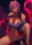  1girl :d absurdres bare_shoulders barefoot blush bottomless breasts cameltoe cleavage commentary_request dark_elf dark_skin earrings elf eyebrows_visible_through_hair hair_over_one_eye highres inushima jewelry large_breasts long_hair looking_at_viewer maebari navel open_mouth original pink_nails pointy_ears ponytail pubic_tattoo purple_hair red_eyes sitting smile solo spread_legs tattoo 