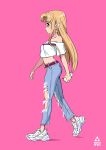  1girl bangs blonde_hair cellphone contemporary denim earrings eyebrows_visible_through_hair full_body highres holding holding_phone jeans jewelry long_hair midriff off-shoulder_shirt off_shoulder pants phone pink_background pointy_ears princess_zelda profile shadow shirt simple_background smile solo the_legend_of_zelda tom_skender torn_clothes torn_jeans torn_pants triforce walking white_footwear white_shirt 