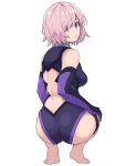  1girl ass bare_shoulders barefoot blush breasts commentary fate/grand_order fate_(series) from_behind frown gloves hair_over_one_eye highres kobaji large_breasts looking_at_viewer mash_kyrielight purple_eyes purple_gloves short_hair simple_background solo squatting wedgie white_background 
