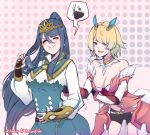  2girls artist_name black_shorts blonde_hair blue_eyes blue_hair breasts cleavage closed_eyes closed_mouth cosplay costume_switch crown dress earrings fire_emblem fire_emblem_heroes fjorm_(fire_emblem) fjorm_(fire_emblem)_(cosplay) gen&#039;ei_ibunroku_sharp_fe highres jewelry long_hair long_sleeves multiple_girls navel open_mouth oribe_tsubasa oribe_tsubasa_(cosplay) ponytail ritence short_hair short_shorts shorts 