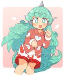  1girl animal_ears blush bright_pupils commentary_request cropped_legs curly_hair fang feet_out_of_frame green_eyes green_hair hands_up horn ini_(inunabe00) komano_aun long_hair long_sleeves looking_at_viewer open_mouth paw_pose pink_background print_shorts red_shirt shirt shorts smile solo tail touhou white_pupils white_shorts 