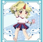  1girl alternate_hairstyle arms_up artist_name barefoot blonde_hair blue_background blue_border blush_stickers border box chain character_name chibi commentary cuffs doily eyebrows_visible_through_hair food fruit grin highres holding holding_box horn hoshiguma_yuugi long_hair looking_at_viewer milk_carton outstretched_hand pleated_skirt ponytail puffy_short_sleeves puffy_sleeves red_eyes remyfive shackles shirt short_sleeves skirt smile solo strawberry thick_eyebrows touhou translated two-tone_skirt white_shirt yin_yang younger 