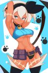  1girl armpits arms_up bell bell_collar belt belt_pouch black_hairband black_panties blue_eyes breasts cat_tail collar cosplay dark_skin dejaguar detached_leggings grey_hair hair_between_eyes hairband highres medium_breasts ms._fortune_(skullgirls) ms._fortune_(skullgirls)_(cosplay) navel panties pokemon pokemon_(game) pokemon_swsh pouch saitou_(pokemon) scar skullgirls solo standing stomach tail thick_thighs thighs toned underboob underwear 