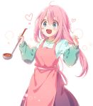  1girl :d ahoge apron atu blue_eyes commentary heart kagamihara_nadeshiko ladle long_hair open_mouth pink_hair smile solo twintails white_background yurucamp 