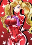  1girl bangs between_breasts blonde_hair blue_eyes blush bodysuit breast_suppress breasts cheri_shi cleavage cleavage_cutout cowboy_shot fake_tail full-length_zipper gloves large_breasts long_hair looking_at_viewer parted_lips persona persona_5 pink_gloves red_background red_bodysuit solo star swept_bangs tail takamaki_anne twintails whip zipper 