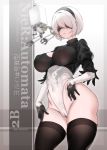  1girl android bangs black_gloves black_hairband black_legwear blindfold breasts cameltoe character_name cleavage_cutout commentary_request covered_navel covered_nipples feather_trim gloves gradient gradient_background hairband highleg highleg_leotard highres large_breasts leotard lips long_sleeves nier_(series) nier_automata parted_lips pixiv_id pod_(nier_automata) puffy_sleeves shiny shiny_skin short_hair simple_background thighhighs turtleneck twitter_username white_hair xiangzi_box yorha_no._2_type_b 
