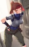  1girl armor bangs belt belt_pouch blurry blurry_background blush bodysuit_under_clothes breastplate brown_eyes brown_hair cait closed_mouth commentary_request covered_collarbone final_fantasy final_fantasy_vii final_fantasy_vii_remake fingerless_gloves gloves green_pants hands_on_hips headband highres jessie_rasberry leaning_forward lips looking_at_viewer one_eye_closed pants ponytail pouch red_headband shoulder_pads smile solo tied_hair turtleneck 