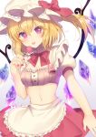  1girl :p absurdres alternate_eye_color apron bangs blonde_hair blush bow bowtie breasts candy cleavage cowboy_shot crop_top crystal flandre_scarlet food frilled_apron frills gradient gradient_background grey_background hair_between_eyes hand_up hat hat_bow highres holding holding_food lollipop long_hair looking_at_viewer midriff miniskirt mob_cap nail_polish navel nenobi_(nenorium) one_side_up puffy_short_sleeves puffy_sleeves purple_eyes red_bow red_nails red_neckwear red_skirt short_sleeves skirt small_breasts solo stomach tongue tongue_out touhou waist_apron white_apron white_background white_headwear wings 