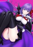  1girl ass bangs bb_(fate)_(all) bb_(fate/extra_ccc) black_coat black_legwear blush breasts closed_mouth coat fate/extra fate/extra_ccc fate_(series) fifty1202 gloves hair_ribbon high-waist_skirt highres knees_up large_breasts legs leotard long_hair long_sleeves looking_at_viewer neck_ribbon open_clothes open_coat popped_collar purple_background purple_eyes purple_hair red_ribbon ribbon skirt smile solo thighhighs very_long_hair white_gloves white_leotard wide_sleeves 