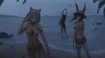  3girls amiya_(arknights) animal_ears arknights arms_up ass bangs bare_arms bare_shoulders beach bikini black_bikini black_swimsuit blue_eyes blue_shorts brown_hair bunny_ears cat_ears cat_tail chinese_commentary commentary_request cowboy_shot ears_through_headwear eyebrows_visible_through_hair feet_out_of_frame flip-flops flower from_behind goggles goggles_on_headwear green_bikini green_eyes hand_up hat hat_flower highres jay_xu kal&#039;tsit_(arknights) long_hair looking_at_viewer looking_back multi-strapped_panties multiple_girls navel night night_sky ocean one-piece_swimsuit ore_lesion_(arknights) red_flower rock sandals short_hair short_shorts shorts silver_hair sky skyfire_(arknights) smile soaking_feet standing stomach stretch sun_hat swimsuit tail thighlet thighs water 