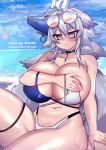  1girl alternate_costume animal_ears aviator_sunglasses azur_lane beach bikini blush breasts choker covering covering_breasts eyebrows eyebrows_visible_through_hair fox_ears fox_mask fox_tail grey_hair highleg highres huge_breasts jewelry lips looking_at_viewer mask multicolored multicolored_bikini multicolored_clothes necklace osiimi parted_lips sunglasses swimsuit tail tosa_(azur_lane) tosa_(hometown_zest)_(azur_lane) white_bikini 