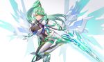  1girl absurdres bangs bodysuit boots breasts cleavage closed_mouth earrings gradient gradient_background green_eyes green_hair hairband high_heel_boots high_heels high_ponytail highres jewelry large_breasts leaning_forward leg_up lips long_hair looking_at_viewer pneuma_(xenoblade_2) ponytail q18607 sidelocks simple_background solo standing standing_on_one_leg swept_bangs sword very_long_hair weapon xenoblade_(series) xenoblade_2 