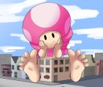  5_toes absurd_res barefoot building clothed clothing cloud day destruction digital_media_(artwork) feet female foot_focus hair hi_res humanoid humanoid_feet long_hair luckymax2012 macro mario_bros midriff nintendo not_furry signature simple_background smile soles solo toad_(mario) toadette toes topwear video_games 