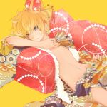  1boy ajimita blonde_hair blue_eyes crown eyebrows_visible_through_hair fan gigantic_o.t.n_(vocaloid) hair_ornament holding japanese_clothes kagamine_len licking_lips long_sleeves looking_at_viewer male_focus navel open_clothes simple_background smile solo tongue tongue_out vocaloid yellow_background 