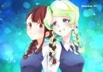  2girls alternate_hairstyle blonde_hair blue_eyes blush braid brown_hair couple diana_cavendish happy highres kagari_atsuko little_witch_academia long_hair looking_at_another luna_nova_school_uniform mochirou_(giri_choco_inverse) multicolored_hair multiple_girls red_eyes school_uniform simple_background smile twintails watermark 