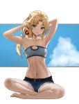  1girl armpits arms_behind_head arms_up bandeau bangs bare_shoulders barefoot belt blonde_hair blue_shorts blue_sky blush braid breasts collarbone denim denim_shorts fate_(series) french_braid green_eyes hair_ornament hair_scrunchie highres indian_style long_hair looking_at_viewer mordred_(fate) mordred_(fate)_(all) navel ninec parted_bangs parted_lips red_scrunchie scrunchie short_shorts shorts sidelocks sitting sky small_breasts solo tying_hair 
