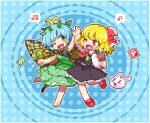  2girls antennae barefoot beamed_sixteenth_notes black_skirt black_vest blonde_hair blue_background blue_hair boned_meat bunny butterfly_wings commentary_request dress eighth_note eternity_larva fang food full_body green_dress hair_ornament hair_ribbon hands_together hands_up holding holding_food kumamoto_(bbtonhk2) leaf_hair_ornament long_scarf looking_at_another lowres mallet meat multiple_girls musical_note one_eye_closed open_mouth pixel_art power-up red_eyes red_footwear red_neckwear red_ribbon ribbon rumia shirt short_hair skirt sleeves_past_wrists smile sparkle_background spoken_musical_note standing standing_on_one_leg touhou vest white_legwear white_shirt wings yellow_eyes 