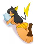  2020 anthro anthrofied black_hair breasts brown_eyes clothed clothing female hair half-closed_eyes hi_res jenna_(aj_the_flygon) lonbluewolf looking_at_viewer looking_back narrowed_eyes nintendo panties pok&eacute;mon pok&eacute;mon_(species) pok&eacute;morph raichu simple_background solo topless underwear video_games white_background 