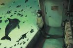  1girl aquarium black_hair boots commentary dolphin door fish hands_in_pockets indoors jacket kensight328 original reflection scarf short_hair shorts sign solo warning_sign 