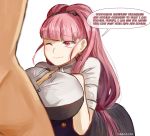 1boy 1girl artist_name breasts chocojax closed_mouth commission earrings english_text fire_emblem fire_emblem:_three_houses garreg_mach_monastery_uniform hilda_valentine_goneril jewelry large_breasts long_hair one_eye_closed paizuri paizuri_under_clothes penis pink_eyes pink_hair ponytail short_sleeves simple_background smile solo_focus uniform white_background 