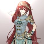  1girl artist_name clair_(fire_emblem) clair_(fire_emblem)_(cosplay) closed_mouth cosplay fire_emblem fire_emblem_echoes:_shadows_of_valentia fire_emblem_fates gradient gradient_background helmet highres long_hair red_eyes red_hair ritence selena_(fire_emblem_fates) short_sleeves solo twintails 