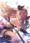  1girl absurdres artist_name bangs bare_shoulders belt blue_eyes boots braid breasts commentary_request draph fingerless_gloves gloves granblue_fantasy hair_ornament hair_over_one_eye highres horns katana knee_boots large_breasts long_hair looking_at_viewer mohurine_cute narmaya_(granblue_fantasy) parted_lips pink_hair pointy_ears signature simple_background sleeveless sword thigh_strap tied_hair weapon 
