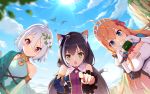  3girls :o ahoge animal_ear_fluff animal_ears antenna_hair bird black_hair black_neckwear black_ribbon blue_eyes blue_sky blush braid breasts buckle cat_ears cat_girl cat_tail chestnut_mouth cleavage cliff closed_mouth cloud day detached_sleeves dress eating elbow_pads elf fisheye flower food frilled_sleeves frills from_below gloves hair_between_eyes hair_flower hair_ornament holding holding_food kokkoro_(princess_connect!) kyaru_(princess_connect) leaf light_rays long_hair long_sleeves low_twintails medium_breasts multicolored multicolored_clothes multicolored_hair multiple_girls neck_ribbon onigiri orange_hair outdoors pecorine pointing pointing_at_viewer pointy_ears princess_connect! princess_connect!_re:dive purple_eyes ribbon see-through short_hair shoulder_armor shrug_(clothing) side_braid silver_hair single_bare_shoulder sky smile sparkle strapless strapless_dress streaked_hair sunbeam sunlight sweat tail tiara twintails upper_body very_long_hair white_dress white_flower white_gloves white_hair wujia_xiaozi 