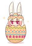  1girl animal animal_ear_fluff animal_ears animalization bangs blush bunny bunny_ears cracked cracked_shell ears_through_headwear easter easter_egg egg eggshell eggshell_hat eyebrows_visible_through_hair hair_between_eyes kemomimi-chan_(naga_u) long_hair looking_at_viewer naga_u original red_eyes shadow solo sparkle white_background white_hair 