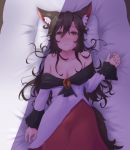  1girl animal_ears bed blush breasts brooch brown_hair cleavage collarbone commentary commentary_request dress imaizumi_kagerou jewelry large_breasts long_hair long_sleeves looking_at_viewer lying off-shoulder_dress off_shoulder on_back red_eyes solo tail touhou white_dress wide_sleeves wolf_ears wolf_tail yuuyake 