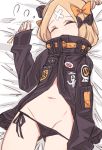  1girl abigail_williams_(fate/grand_order) bandaid_on_forehead bangs black_bow black_jacket black_panties blonde_hair blush bow breasts chawan_(yultutari) closed_eyes crossed_bandaids fate/grand_order fate_(series) forehead hair_bun heroic_spirit_traveling_outfit highres jacket long_hair lying multiple_bows navel on_back open_mouth orange_belt orange_bow panties parted_bangs polka_dot polka_dot_bow sleeping sleeves_past_fingers sleeves_past_wrists solo thighs underwear 