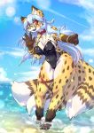  anthro beach bell blue_eyes blue_hair blue_mouth blue_nose blue_pawpads bracelet breasts canid canine cheetah chest_tuft clothing collar digitigrade eyewear felid feline female fox glasses hair heterochromia hi_res hybrid jewelry long_hair mammal multi_tail neko_ed one-piece_swimsuit outside partially_submerged pawpads red_eyes rubber sakamata_orca sea seaside sky solo straps swimwear tuft water wave 