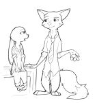  2018 anthro barefoot black_and_white bottomwear canid canine clothed clothing disney duo ears_down fox fully_clothed fur hi_res judy_hopps lagomorph leporid looking_at_another mammal monochrome necktie nick_wilde pants pivoted_ears rabbit red_fox shirt sitting standing topwear zhan zootopia 