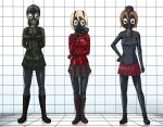  3girls adapted_costume arm_at_side arms_behind_back blonde_hair blue_eyes bodysuit bodysuit_under_clothes boots braid brown_eyes brown_hair commentary_request contrapposto darjeeling_(girls_und_panzer) epaulettes eyebrows_visible_through_hair garrison_cap gas_mask girls_und_panzer hair_between_eyes hand_on_hip hat highres kuromorimine_military_uniform latex latex_bodysuit legs_apart legs_together looking_at_viewer military military_uniform multiple_girls nishizumi_maho nonna_(girls_und_panzer) pravda_military_uniform shiny shiny_clothes short_hair skin_tight st._gloriana&#039;s_military_uniform tamakko twin_braids uniform zipper 