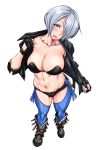  abs absurdres angel_(kof) boots bra breasts chaps cowboy_boots cropped_jacket fingerless_gloves gloves hair_over_one_eye highres jack_blaze jacket large_breasts leather leather_jacket looking_at_viewer md5_mismatch resized simple_background snk solo strapless strapless_bra the_king_of_fighters the_king_of_fighters_xiv toned underwear upscaled white_hair 