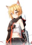  1girl animal_ear_fluff animal_ears arknights bangs bare_shoulders black_cape black_gloves black_scarf black_shorts blonde_hair blush brown_eyes cape closed_mouth commentary_request crop_top earrings elbow_gloves english_commentary eyebrows_visible_through_hair fingerless_gloves gloves hair_between_eyes hair_ornament hairclip highres jewelry looking_at_viewer midriff navel notched_ear prophosphere scarf shirt short_hair shorts simple_background solo strapless tubetop vermeil_(arknights) white_background white_shirt 