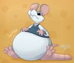  anthro belly big_belly clothing denaturedalbumin fur grey_body grey_fur hi_res inflation male mammal murid murine overweight paws rat rodent shirt simple_background solo sound_effects topwear water_inflation white_belly yellow_background 