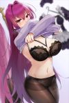  1girl black_bra blush bra breasts clothes_lift fate/grand_order fate_(series) hair_intakes hidden_mouth highres kakumayu large_breasts lingerie long_hair looking_at_viewer mirror navel pantyhose purple_hair red_eyes scathach_(fate)_(all) scathach_(fate/grand_order) solo stomach sweater sweater_lift thighband_pantyhose underwear undressing 