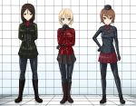  3girls adapted_costume arm_at_side arms_behind_back blonde_hair blue_eyes bodysuit bodysuit_under_clothes boots braid brown_eyes brown_hair commentary_request contrapposto darjeeling_(girls_und_panzer) epaulettes expressionless eyebrows_visible_through_hair garrison_cap girls_und_panzer hair_between_eyes hand_on_hip hat highres kuromorimine_military_uniform latex latex_bodysuit legs_apart legs_together looking_at_viewer military military_uniform multiple_girls nishizumi_maho nonna_(girls_und_panzer) pravda_military_uniform shiny shiny_clothes short_hair skin_tight smile st._gloriana&#039;s_military_uniform tamakko twin_braids uniform zipper 